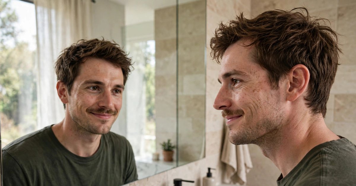 Illustration: AI-generated image of a fictional man in his early 30s with fair skin and brown hair checking his two-week-old moustache in a bathroom mirror.