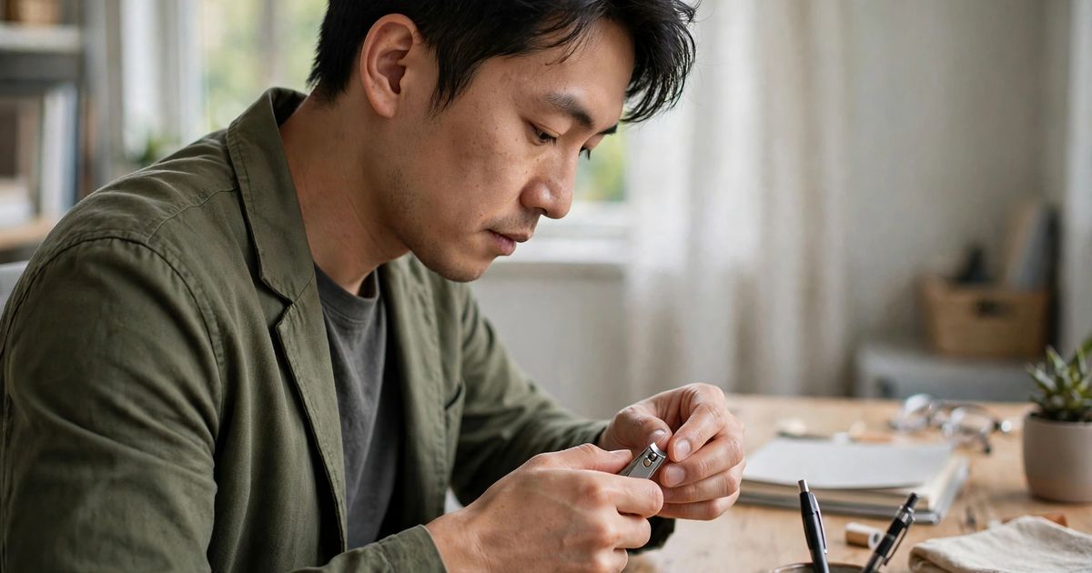 Illustration: AI-generated image of a fictional east Asian man sitting at a tidy desk trimming his fingernails with a clipper.