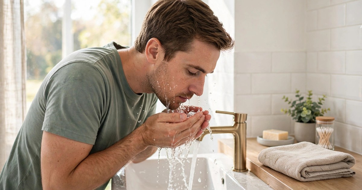 Illustration: AI-generated image of a fictional man in his early 30s washing his face over a bathroom sink in bright morning light