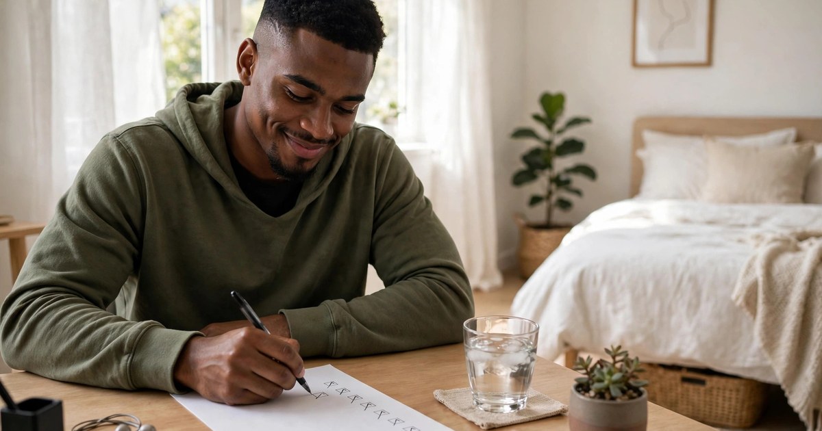 Illustration: AI-generated image of a fictional man in his mid 20s ticking items on a paper checklist at a clean desk