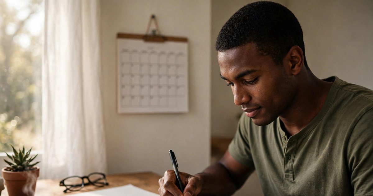 Illustration: AI-generated image of a fictional man in his late 20s with deep brown skin and short black hair writing goals in a notebook at a desk in morning light.