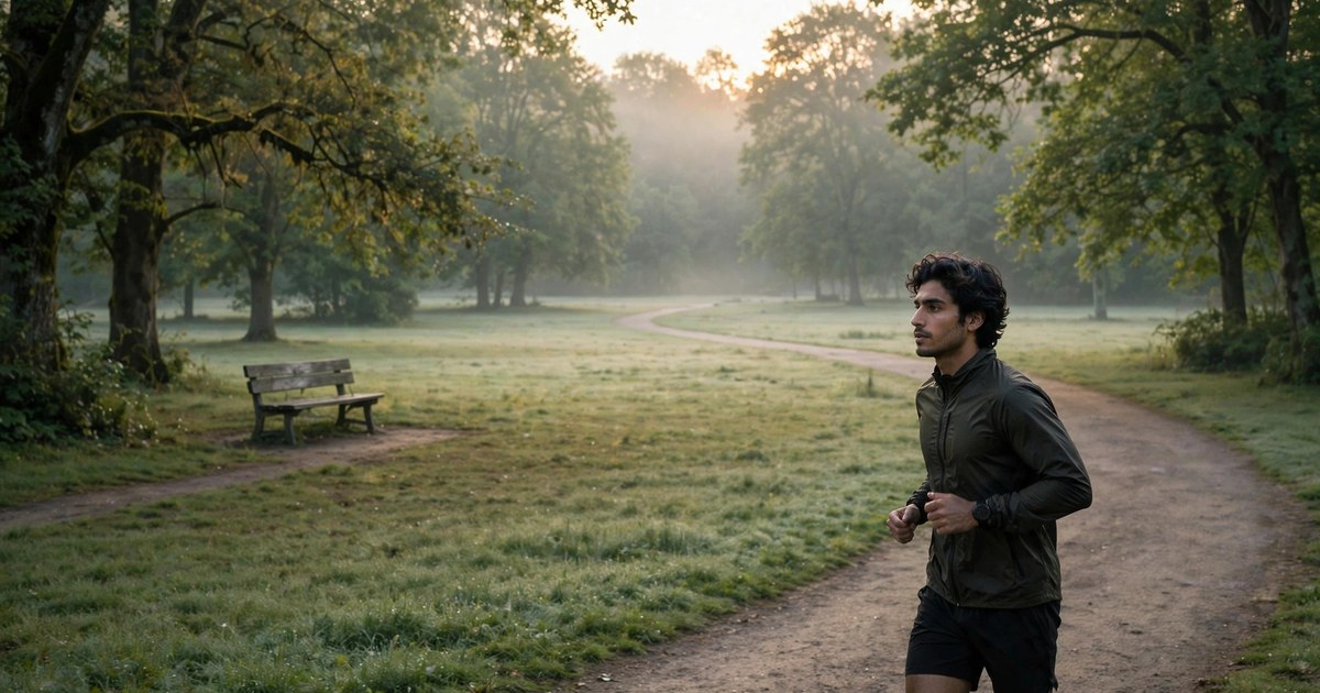 Illustration: AI-generated image of a fictional man in his late 20s jogging alone along a park path in soft morning light