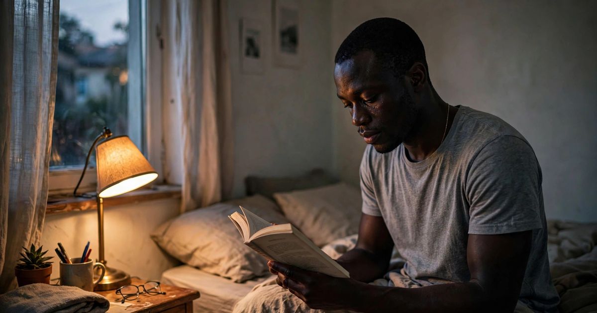 Illustration: AI-generated image of a fictional black man reading a book in bed under a warm lamp in a dim, calm bedroom.