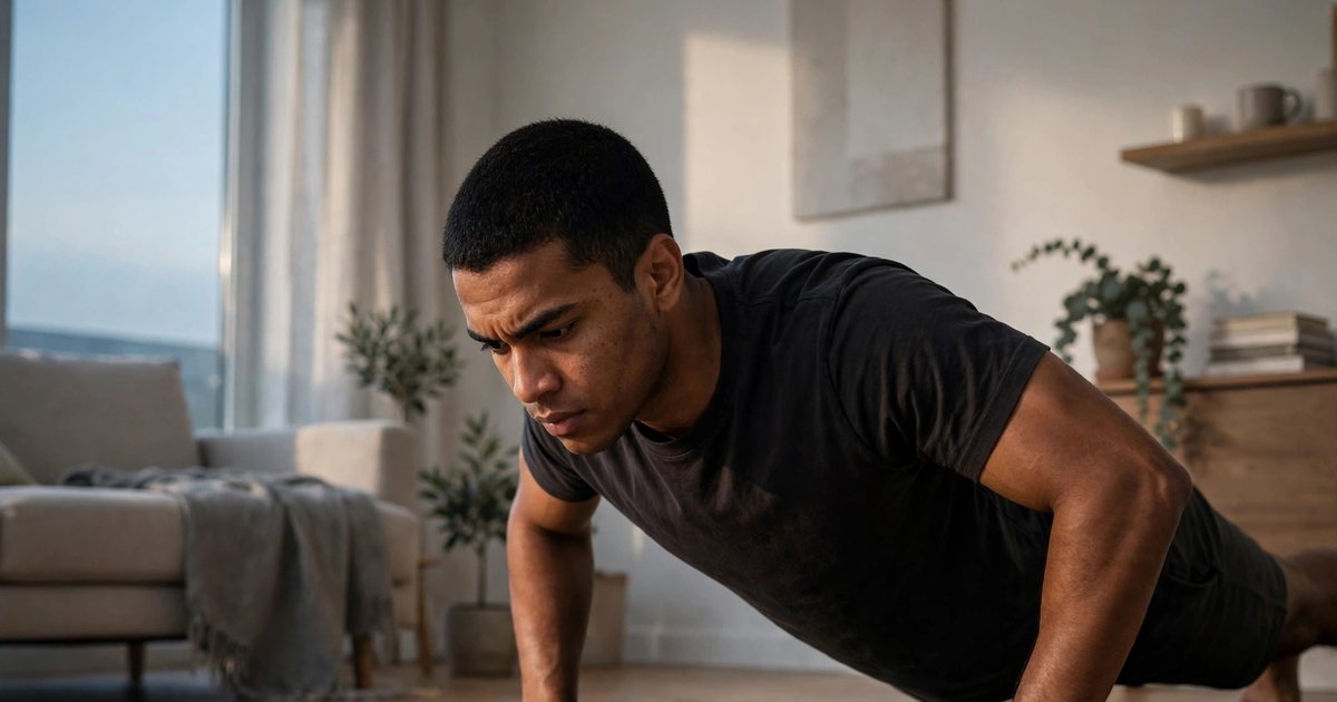 Illustration: AI-generated image of a fictional man in his mid-20s with medium-brown skin and short black hair doing push-ups at dawn in a calm apartment living room.