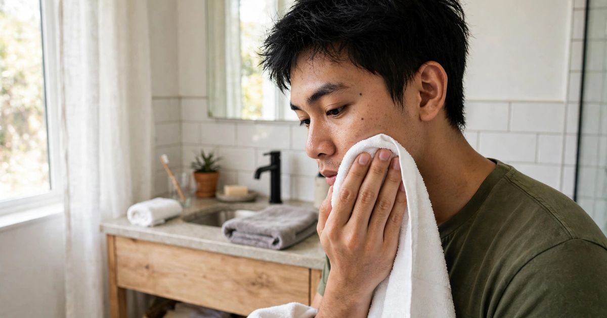 Illustration: AI-generated image of a fictional southeast Asian man patting his face with a clean white towel in a bright bathroom.