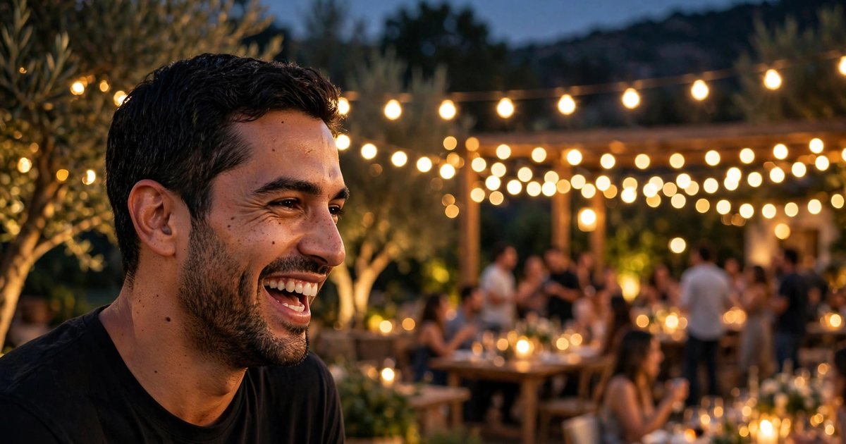 Illustration: AI-generated image of a fictional man in his early 30s with olive skin and neat dark hair laughing at an evening celebration with warm string lights behind him.