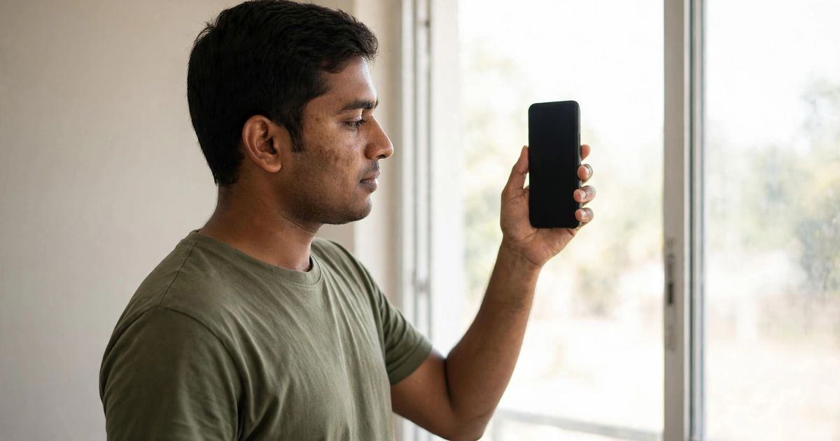 Illustration: AI-generated image of a fictional south Asian man holding a phone with a blank dark screen at eye level beside a bright window.