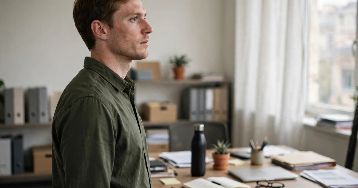 Illustration: AI-generated image of a fictional fair-skinned man standing tall with straight posture beside a desk in an office.