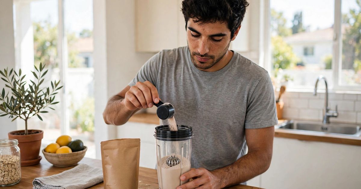 Illustration: AI-generated image of a fictional mediterranean man pouring protein powder into a plain blender bottle in a bright kitchen.