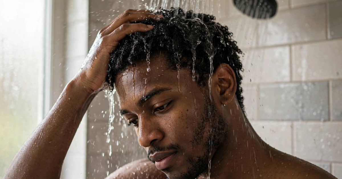 Illustration: AI-generated image of a fictional man in his late 20s with Black features and short coily hair rinsing his hair under a shower.