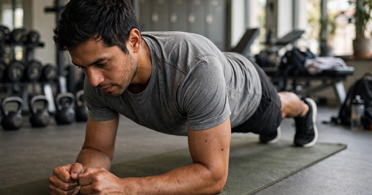 Illustration: AI-generated image of a fictional latino man holding a plank on a gym mat in a gym.