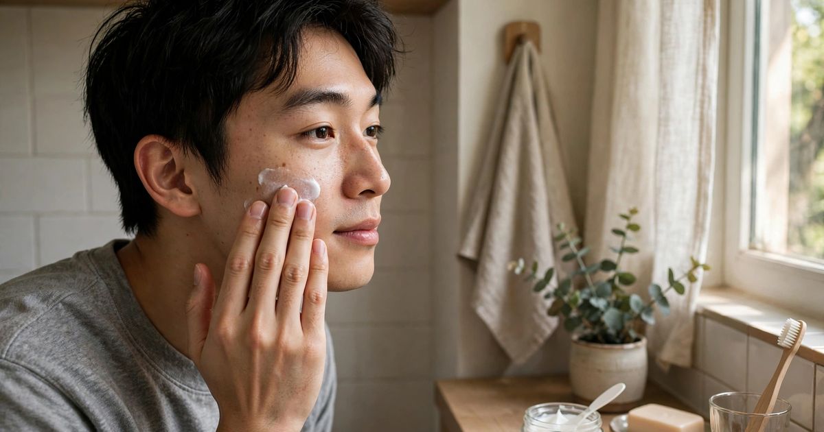 Illustration: AI-generated image of a fictional east Asian man applying moisturizer to his cheek in a bright bathroom.