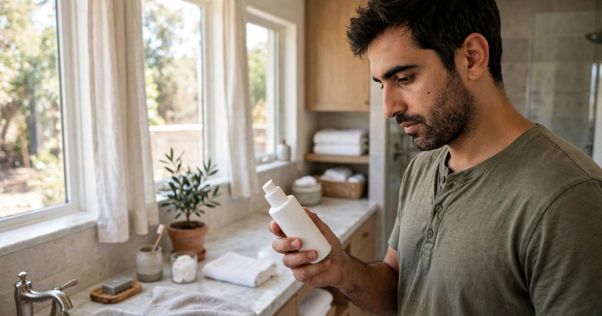 Illustration: AI-generated image of a fictional bearded man in a bright bathroom examining a plain unlabelled white skincare bottle.