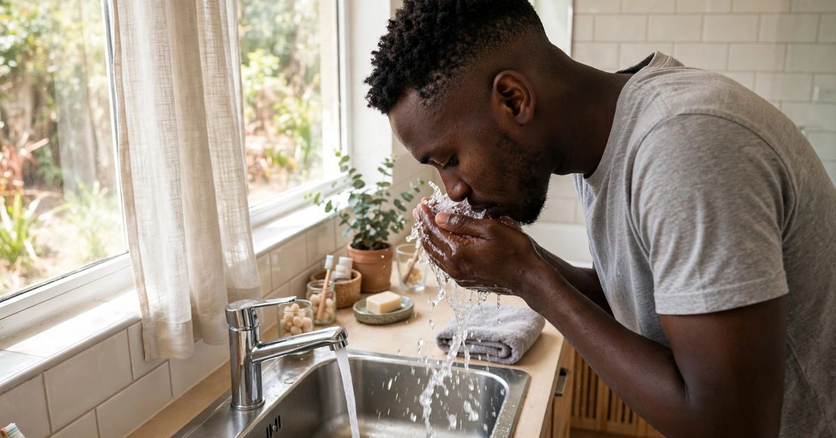 Illustration: AI-generated image of a fictional young man splashing water on his face over a bathroom sink with a folded towel nearby.