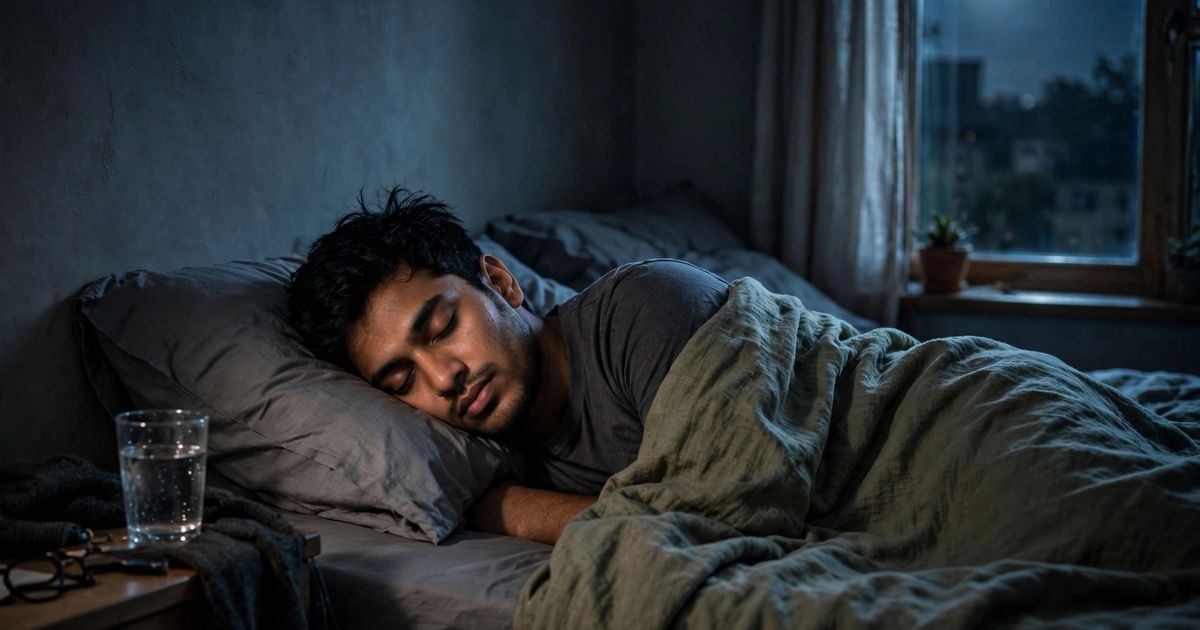 Illustration: AI-generated image of a fictional man sleeping peacefully under a blanket in a dark calm bedroom with moonlight at the window.