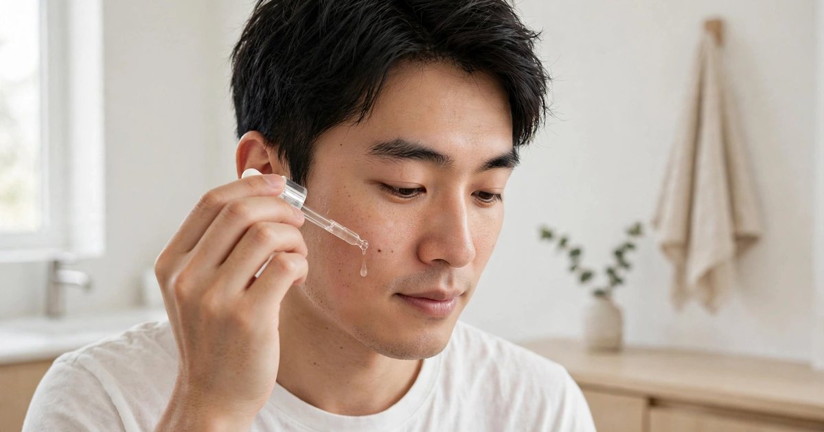 Illustration: AI-generated image of a fictional man in his late 20s with East Asian features and tousled black hair applying a clear serum drop to his cheek with a glass dropper in a bright bathroom.