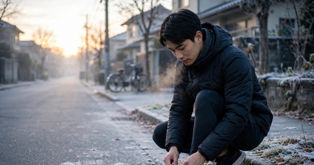 Illustration: AI-generated image of a fictional East Asian man in his mid-20s with light skin and black hair lacing his running shoes on a quiet street at sunrise in December, with frost on the ground.