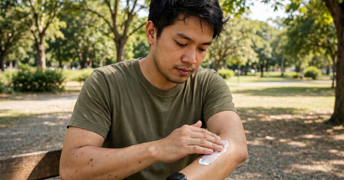 Illustration: AI-generated image of a fictional man sitting on a park bench rubbing sunscreen onto his forearm on a sunny day.