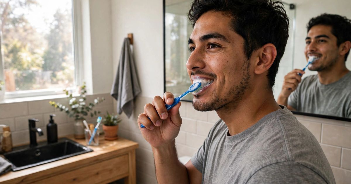 Illustration: AI-generated image of a fictional man brushing his teeth with a slight smile in a bright bathroom, his own reflection visible in the mirror.