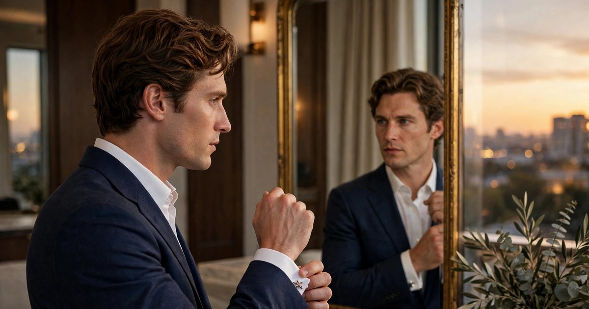 Illustration: AI-generated image of a fictional man in his early 30s with fair skin and wavy brown hair adjusting the cufflink of a tailored navy blazer while checking his reflection, in warm evening light.