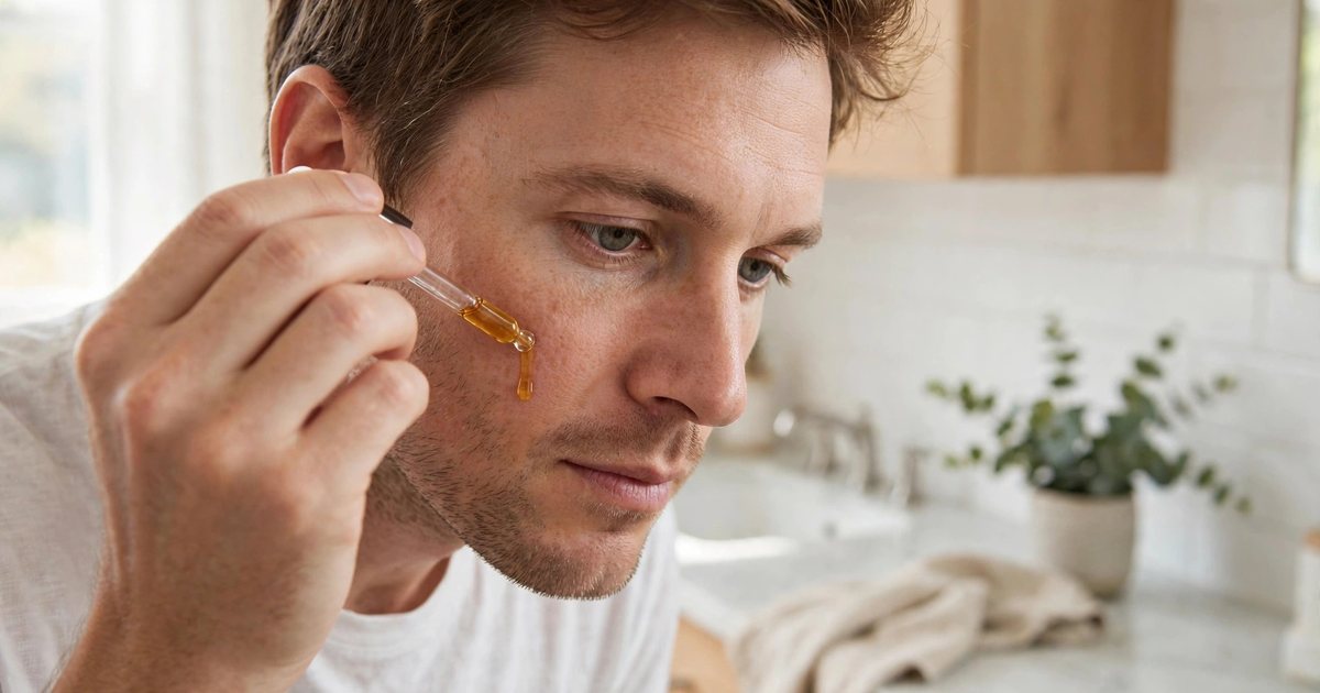 Illustration: AI-generated image of a fictional man in his early 30s with light brown hair and light stubble applying an amber serum drop to his cheek with a glass dropper in a bright bathroom.