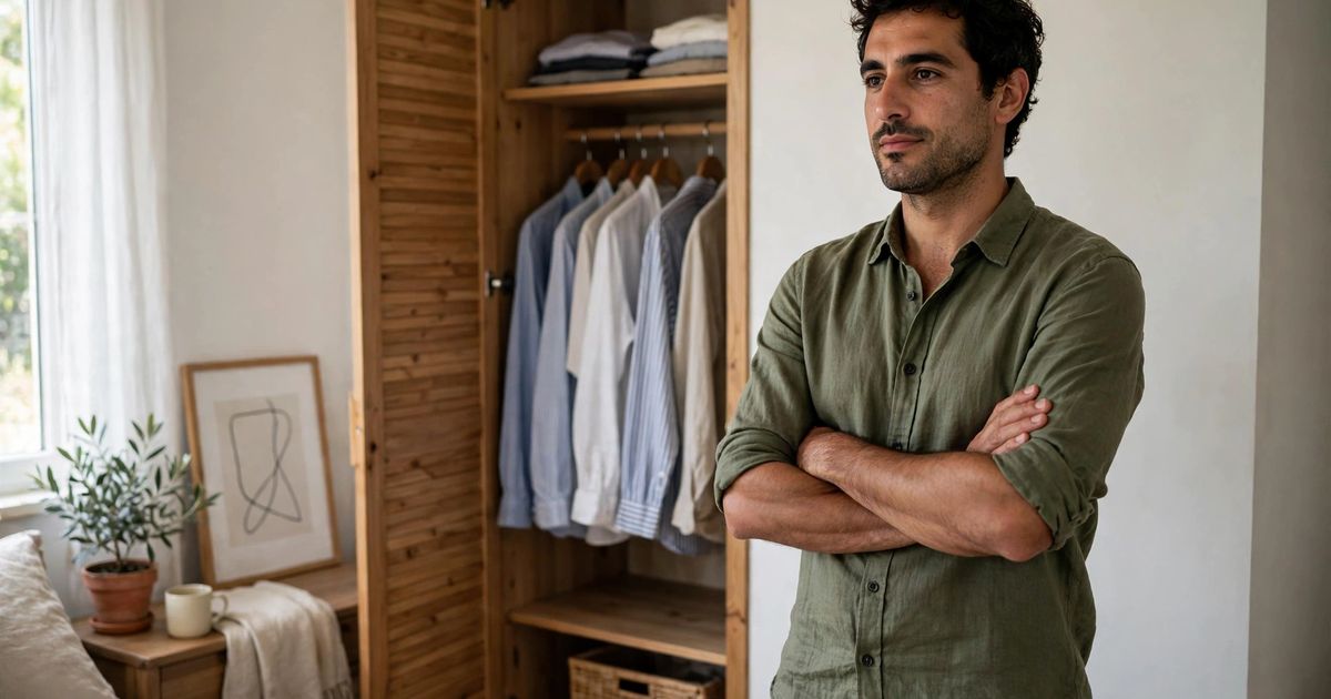 Illustration: AI-generated image of a fictional man with arms crossed standing beside a tidy wardrobe of neatly hung shirts in a calm bedroom.