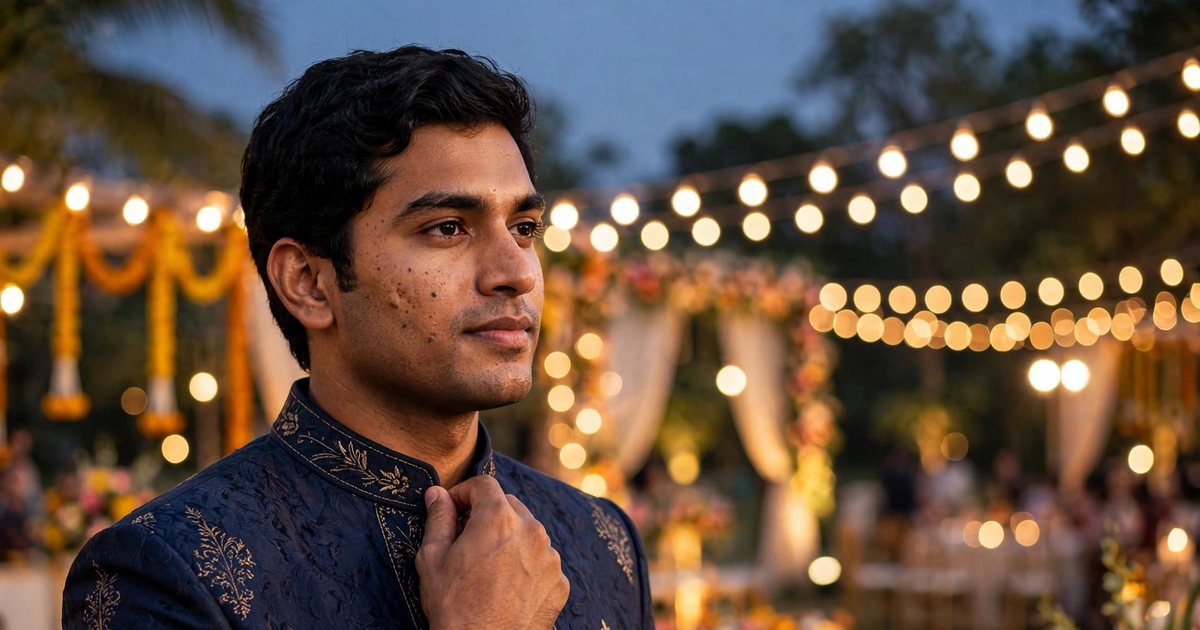 Illustration: AI-generated image of a fictional South Asian man in his late 20s with medium-brown skin and neat black hair adjusting the collar of a navy sherwani jacket at an outdoor wedding celebration with festive lights.