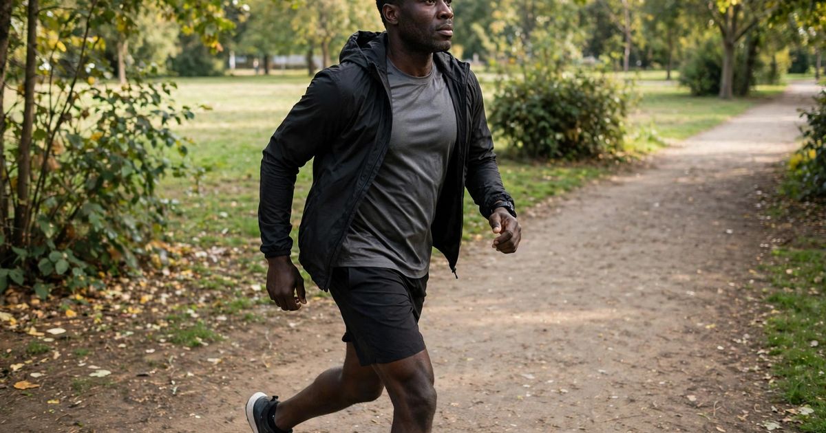 Illustration: AI-generated image of a fictional man in athletic wear walking briskly along a park path.
