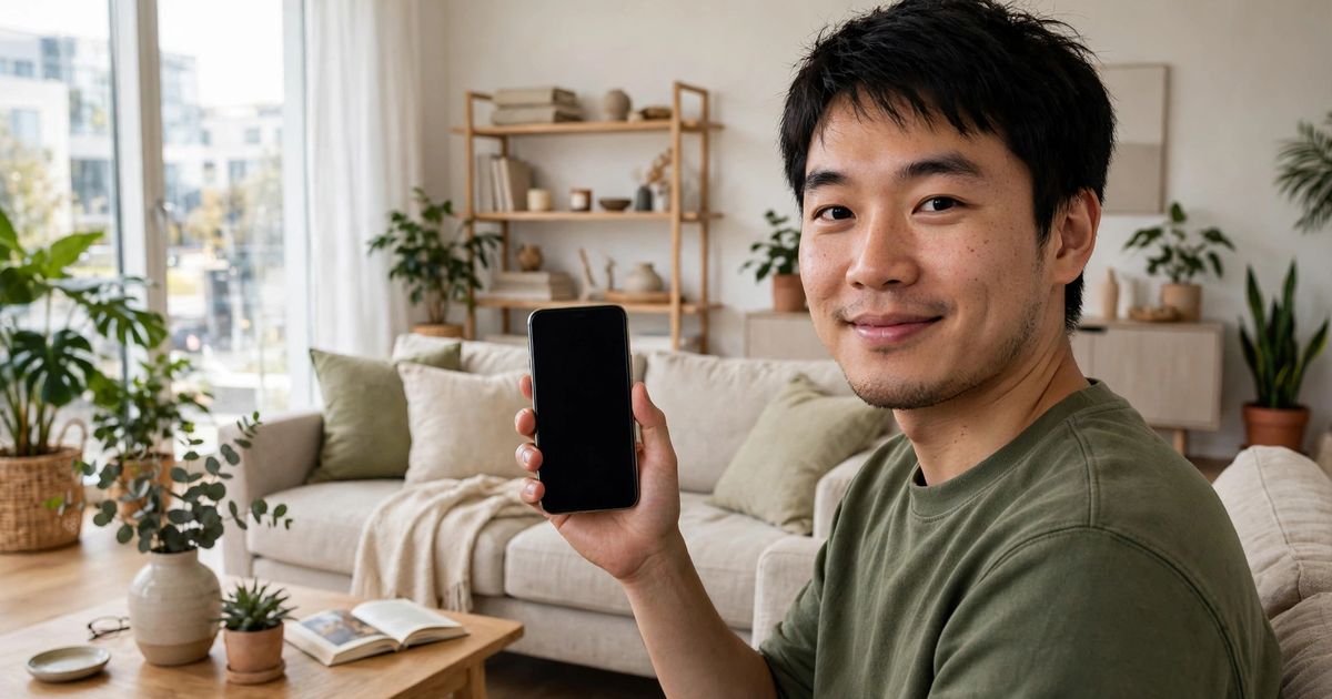 Illustration: AI-generated image of a fictional man in a bright modern living room holding up a smartphone with a blank dark screen and smiles calmly.