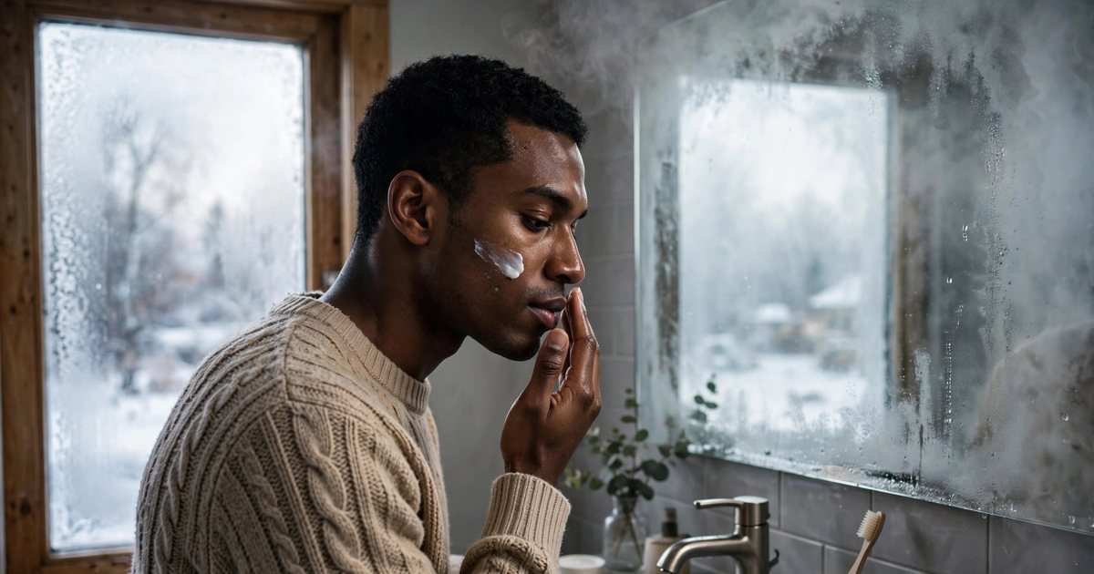 Illustration: AI-generated image of a fictional man in his late 20s with deep brown skin and short black hair applying moisturiser to his cheek at a bathroom sink on a winter morning.