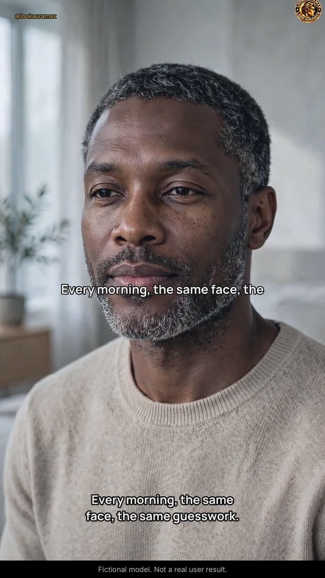 Lookauramax ad creative: Every morning, the same face, the same guesswork. — Alarm. Rush. Mirror. Guess. The loop broke when the plan showed up.