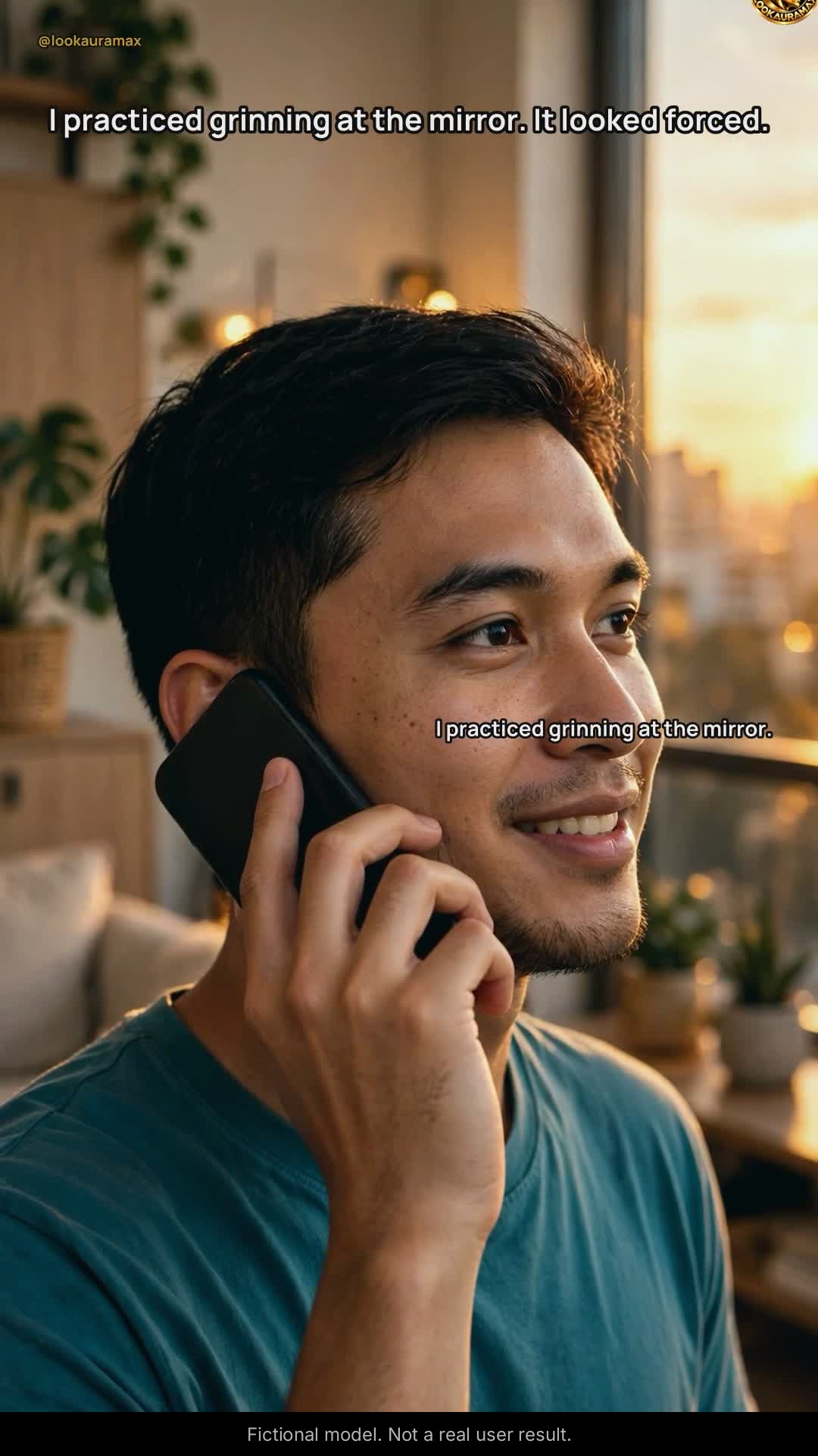 Lookauramax ad creative: I practiced grinning at the mirror. It looked forced. — A forced grin never helped. Showing up as myself, with a plan, did.
