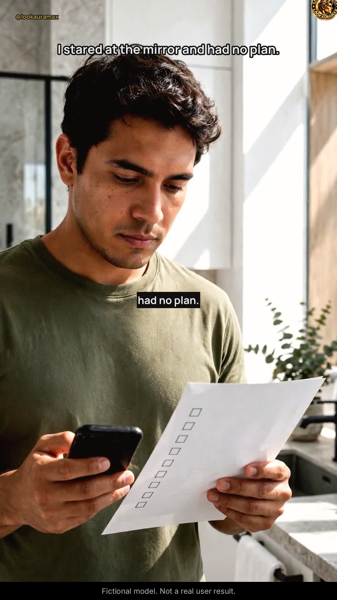 Lookauramax ad creative: I stared at the mirror and had no plan. — No plan meant no order. A checklist gave the morning a shape.
