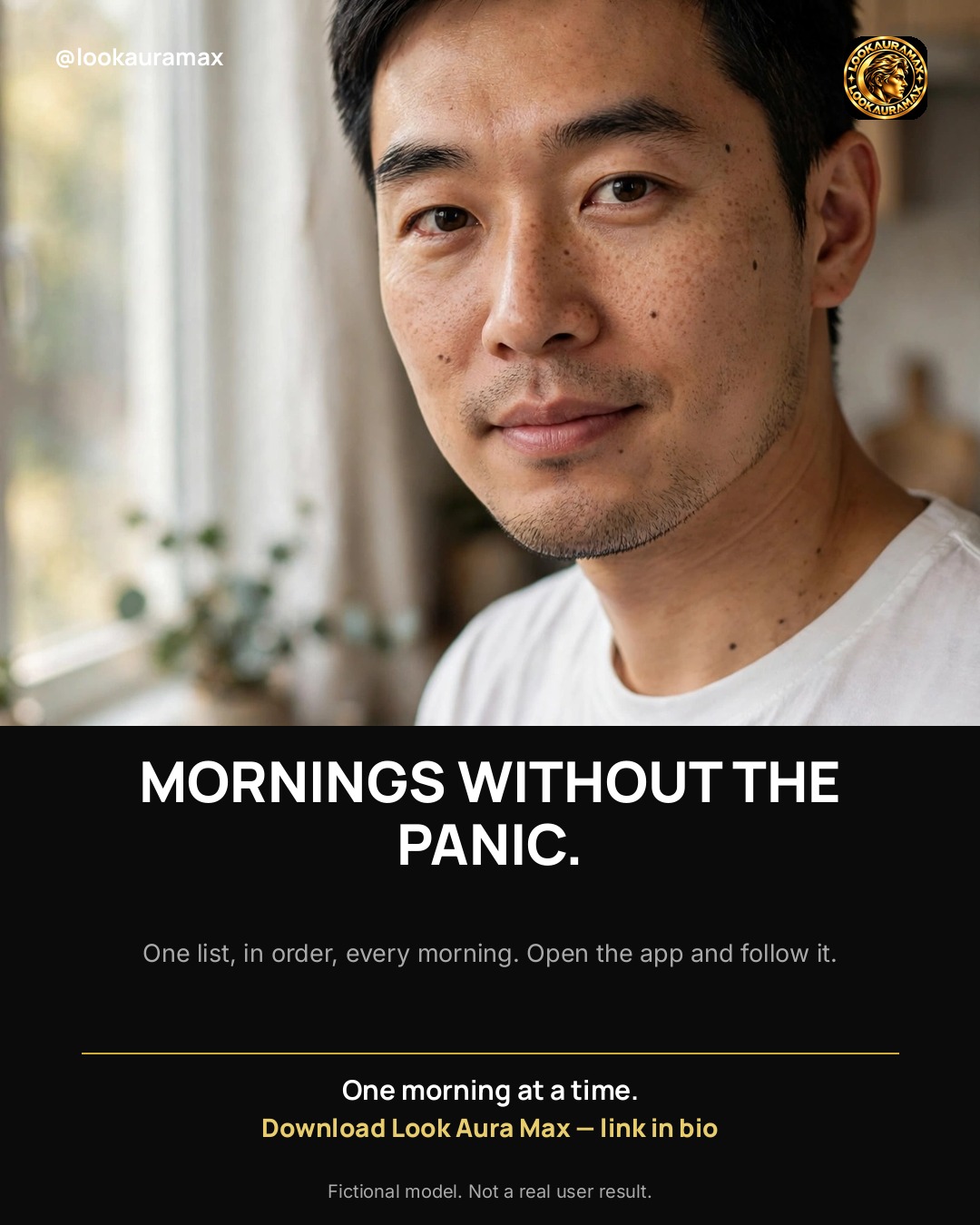 Lookauramax ad creative: MORNINGS WITHOUT THE PANIC. — One list, in order, every morning. Open the app and follow it.
