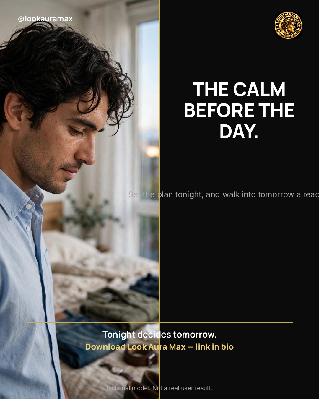 Lookauramax ad creative: THE CALM BEFORE THE DAY. — Set the plan tonight, and walk into tomorrow already ready.