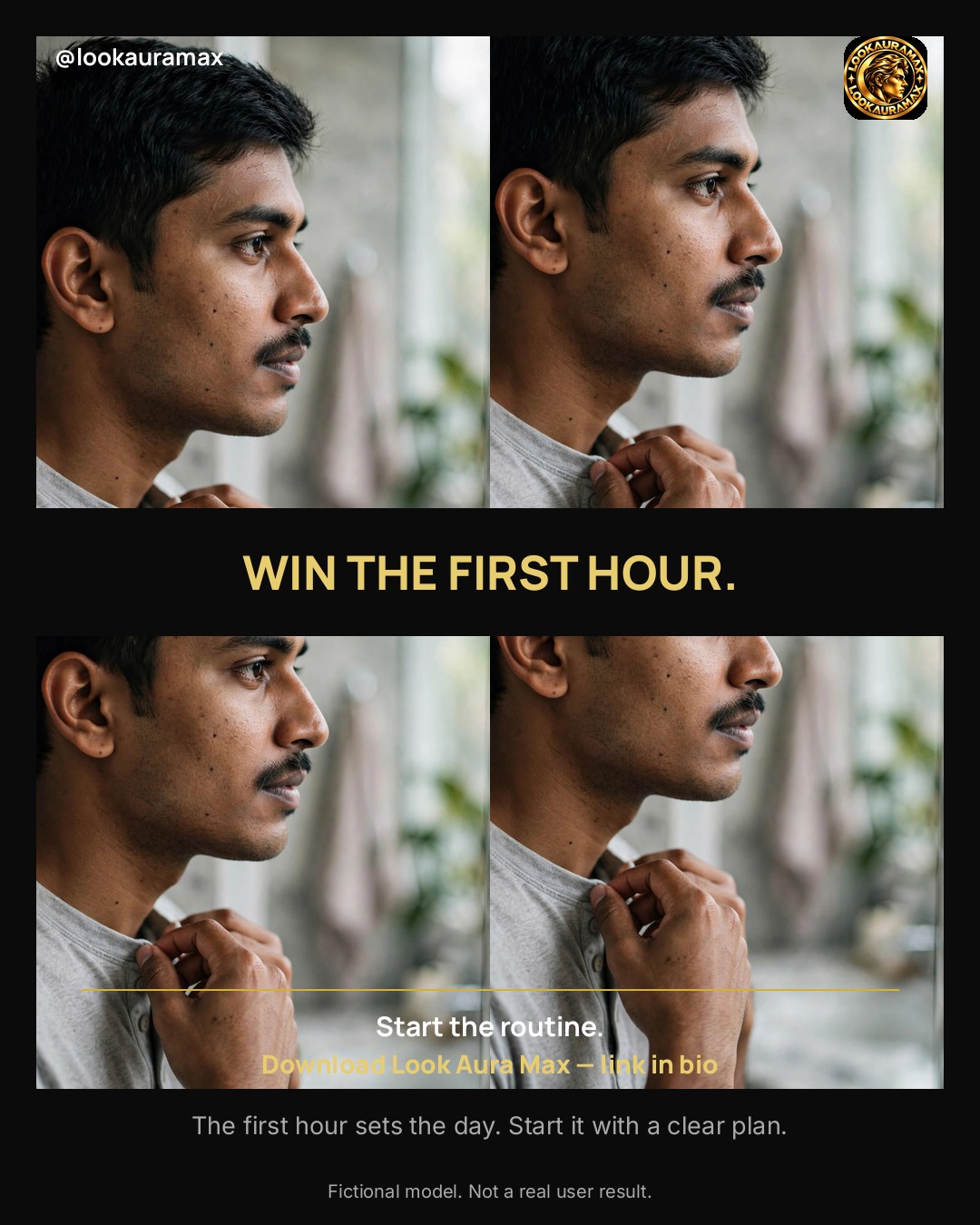 Lookauramax ad creative: WIN THE FIRST HOUR. — The first hour sets the day. Start it with a clear plan.