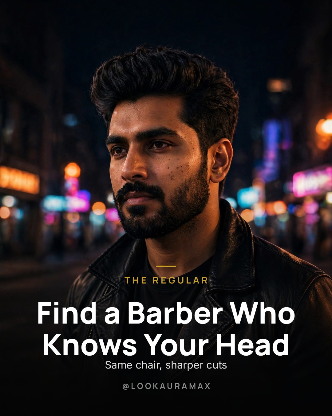 Lookauramax poster: A great barber studies your head. — Growth patterns, crown, edges — remembered every visit.