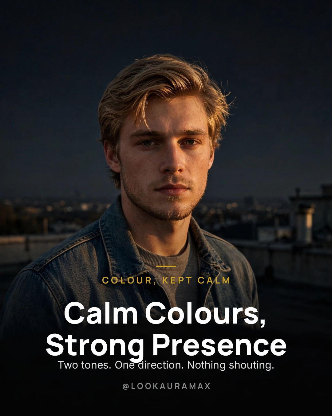 Lookauramax poster: Calm Colours, Strong Presence — Blue, grey, stone — tones that never compete with each other.