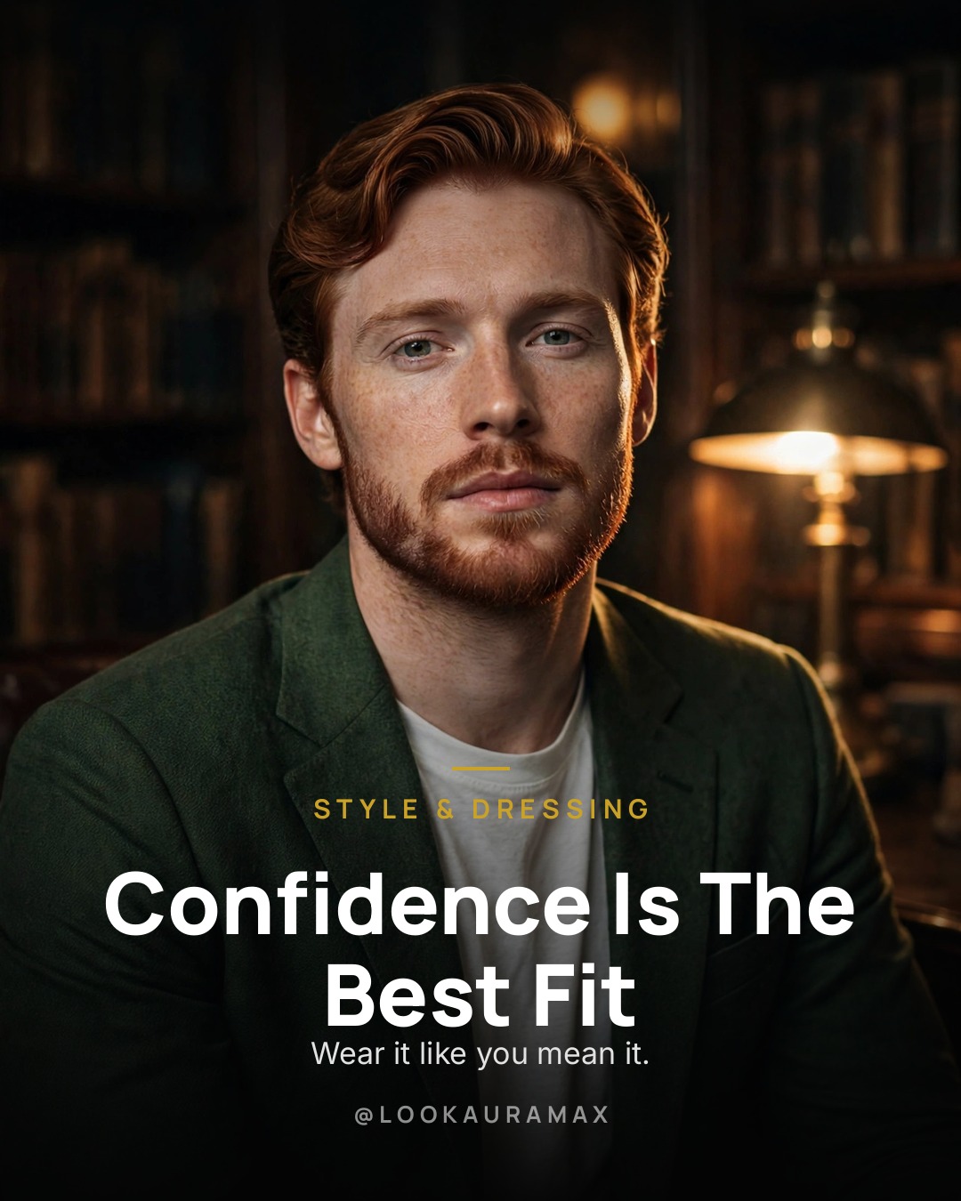 Lookauramax poster: Confidence Is The Best Fit — Clothes don't carry you — posture and ease do.