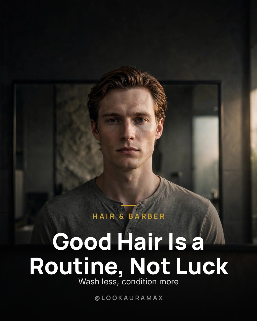 Lookauramax poster: Consistency beats chance. — Wash with care, condition with purpose, style with intention.