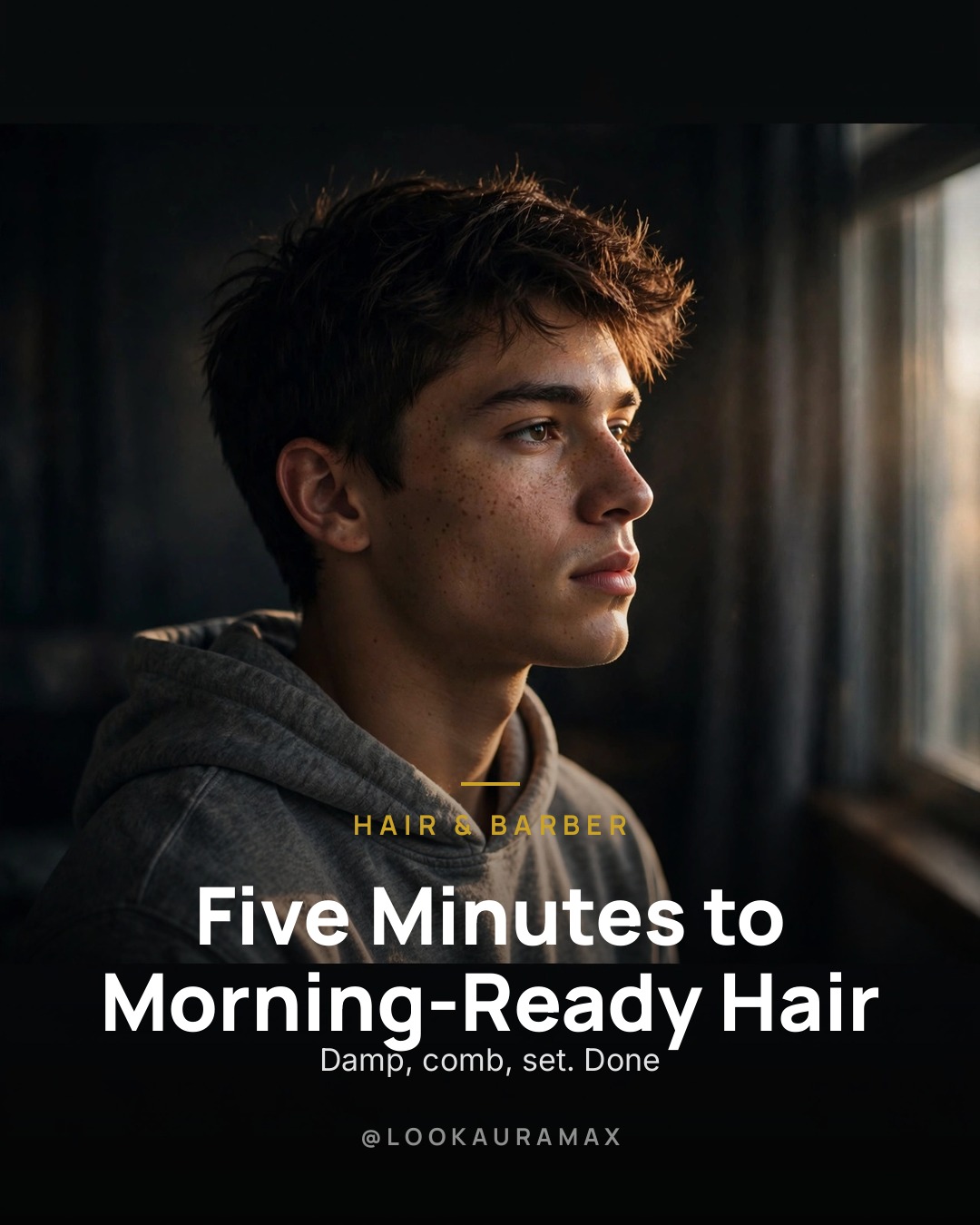 Lookauramax poster: Dampen, comb, set — then leave the house. — Mornings reward a system that repeats.