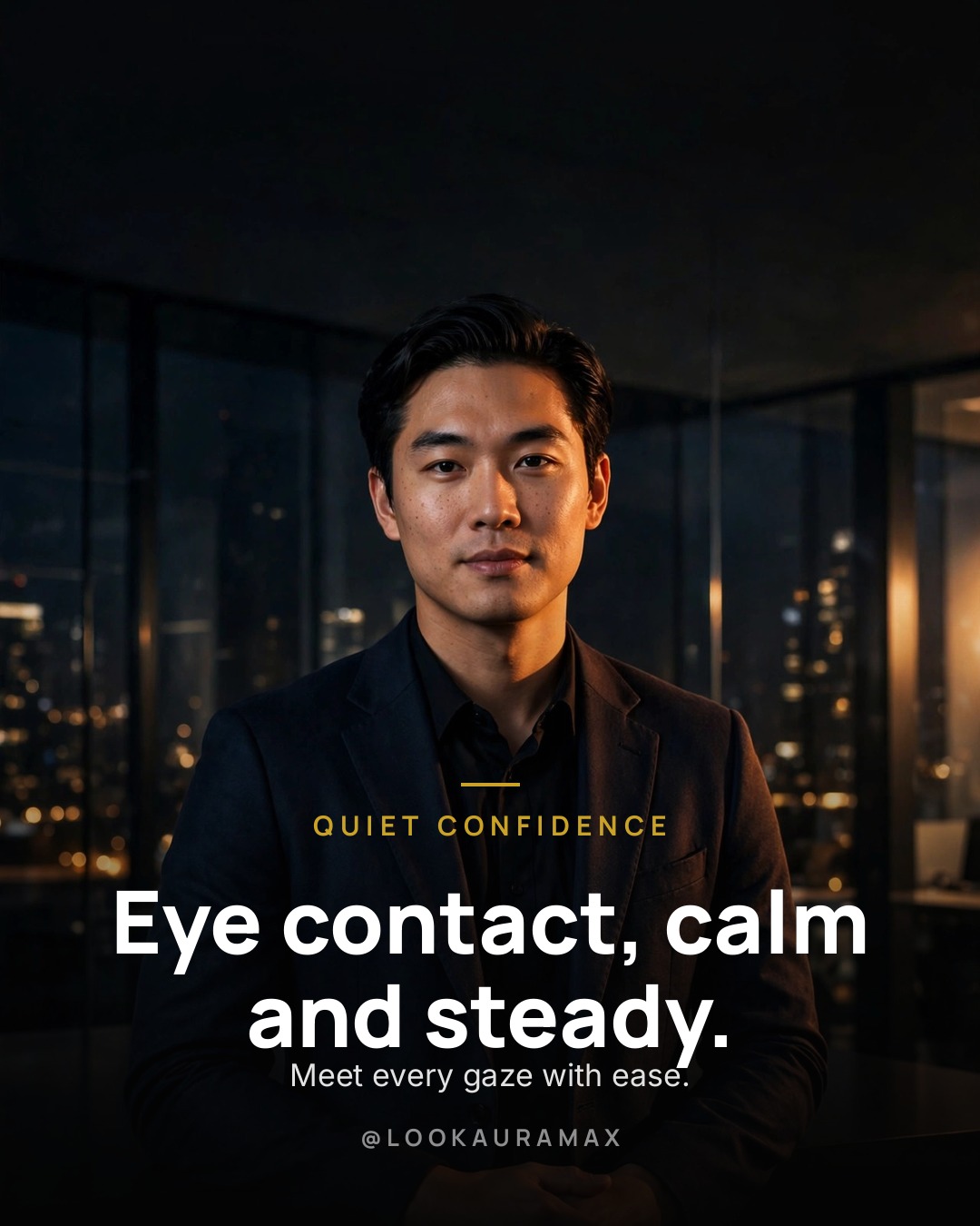 Lookauramax poster: Eye contact, calm and steady. — Meet every gaze with ease — quiet confidence needs no noise.
