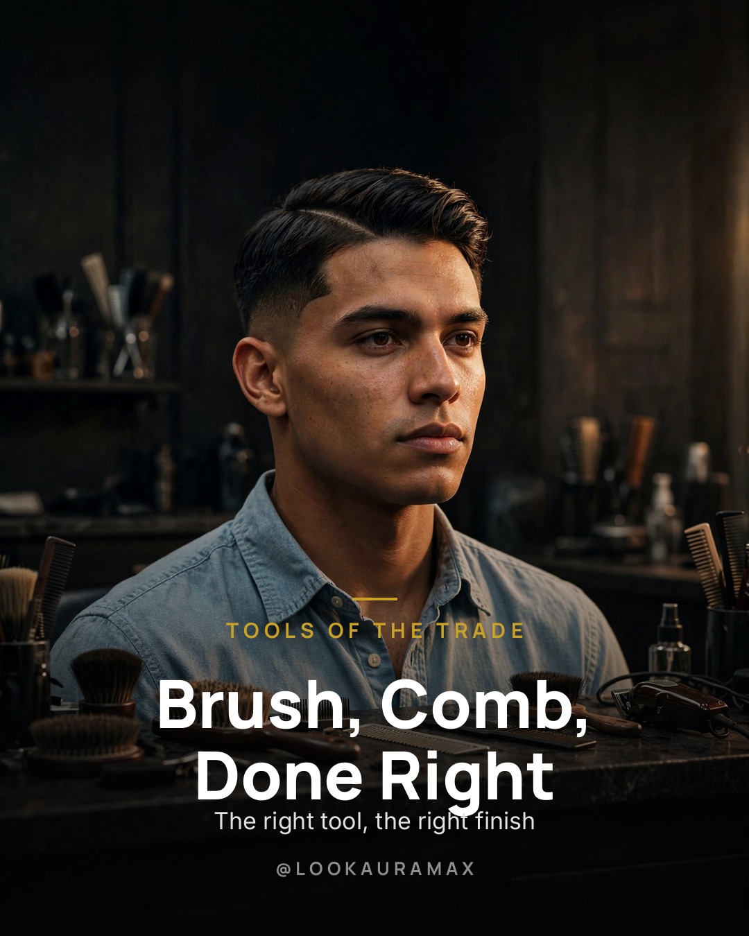 Lookauramax poster: Good tools earn their place. — A brush for shape, a comb for detail.