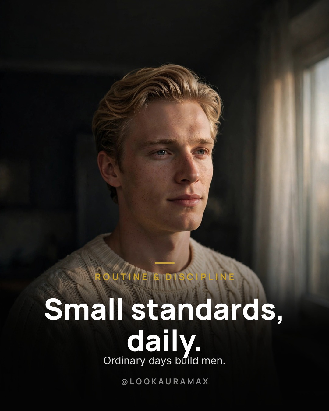 Lookauramax poster: Great days are built from small standards kept daily. — Ordinary days, handled well, compound quietly.