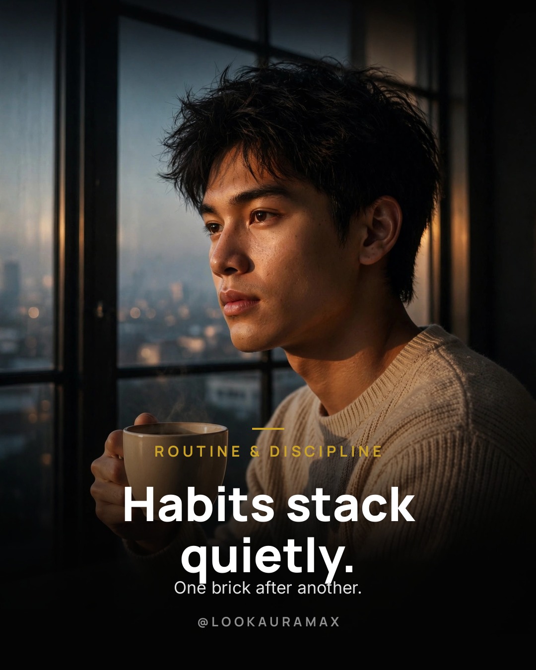 Lookauramax poster: Habits stack quietly, one on top of another. — Trust the small bricks. They hold the wall.