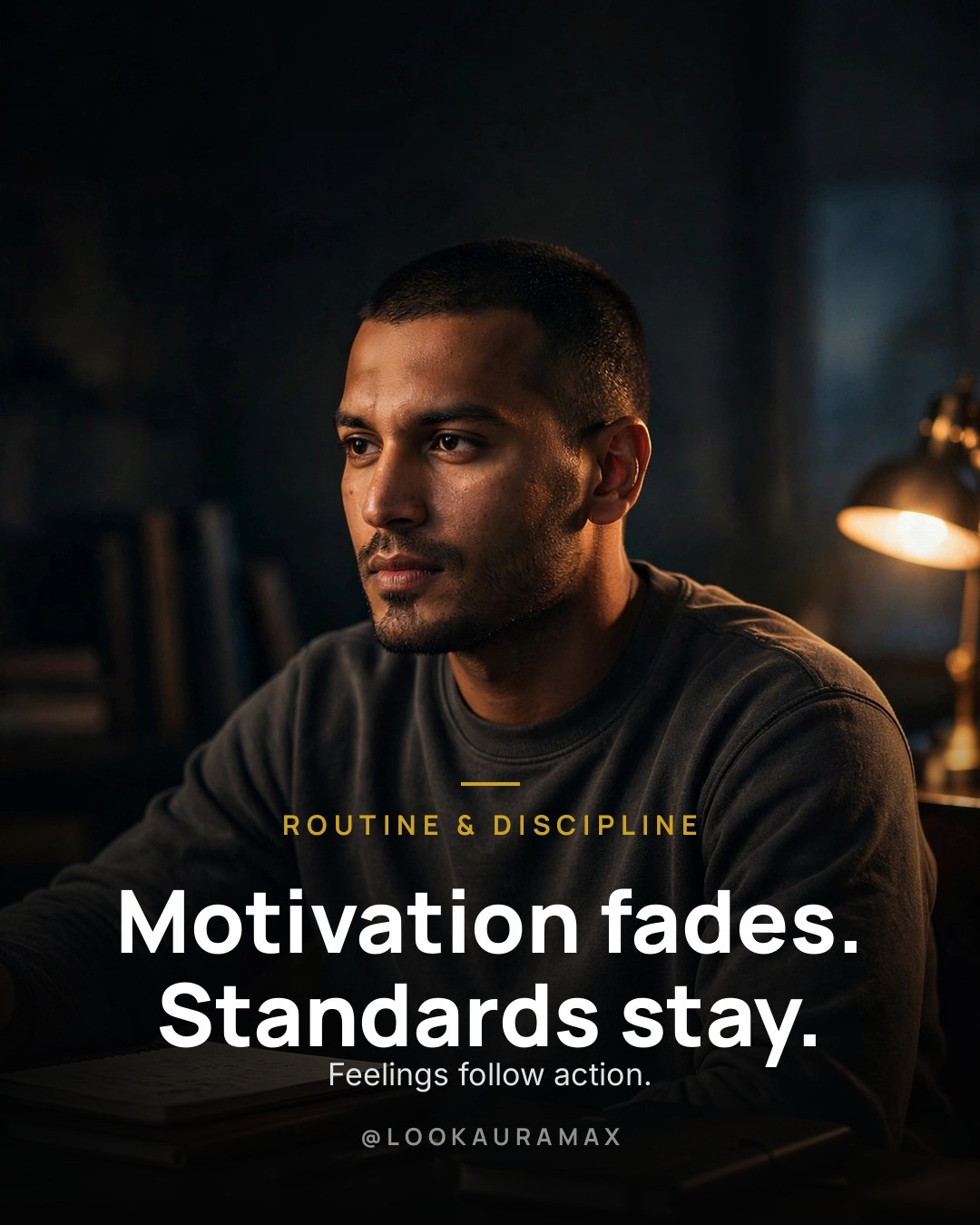 Lookauramax poster: Motivation comes and goes. Standards hold the line. — Feelings follow action, not the other way.