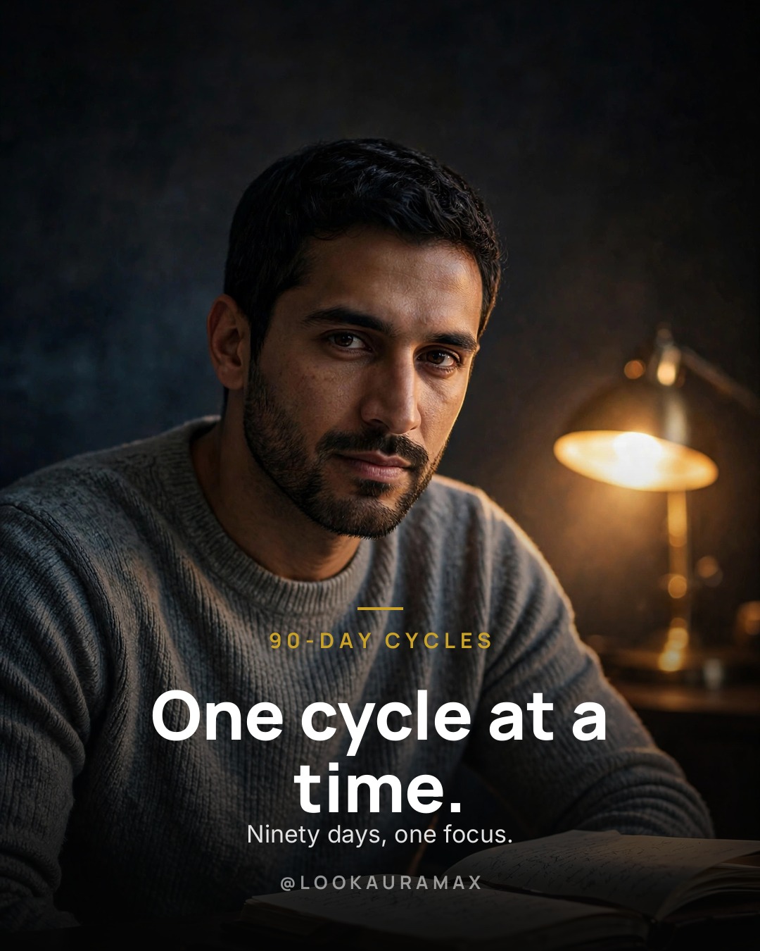 Lookauramax poster: One cycle. One focus. Ninety days at a time. — Patience turns effort into momentum.
