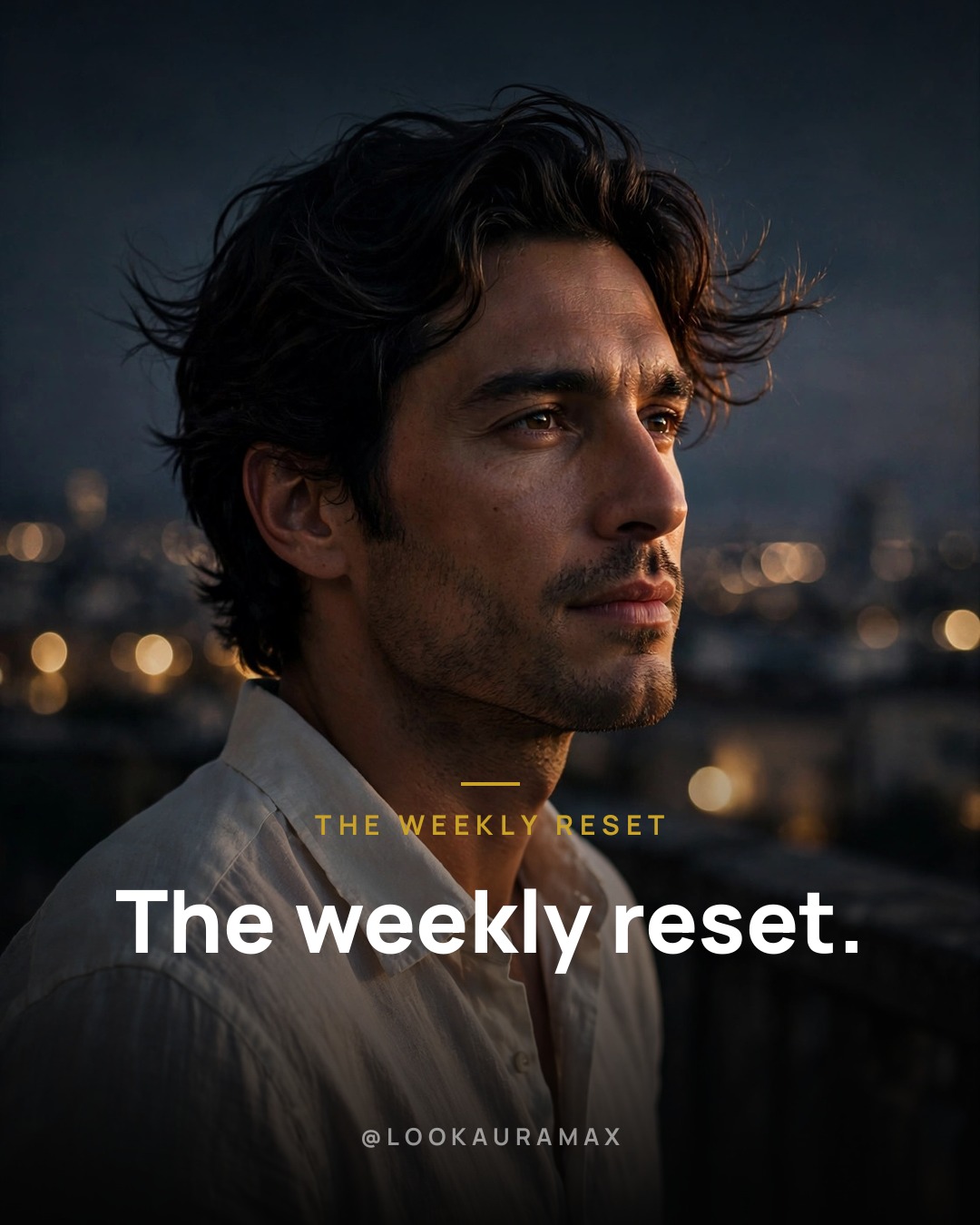 Lookauramax poster: One quiet hour to reset the week ahead. — Review, plan, rest. Sundays set the tone.