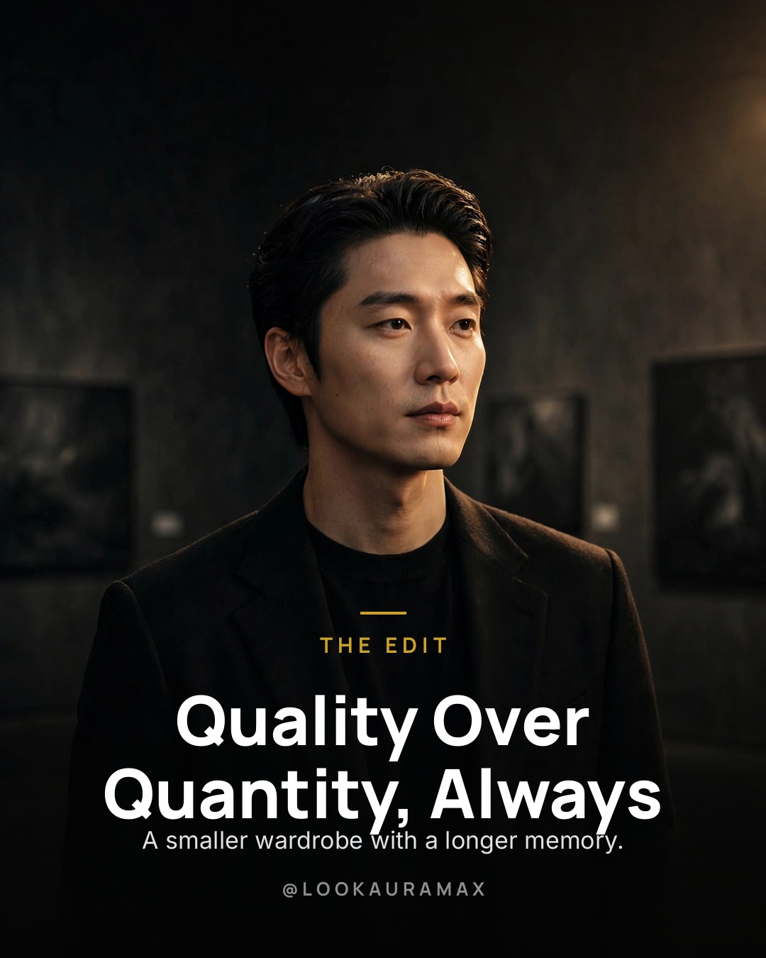 Lookauramax poster: Quality Over Quantity, Always — Ten average pieces fade. Five excellent pieces endure.
