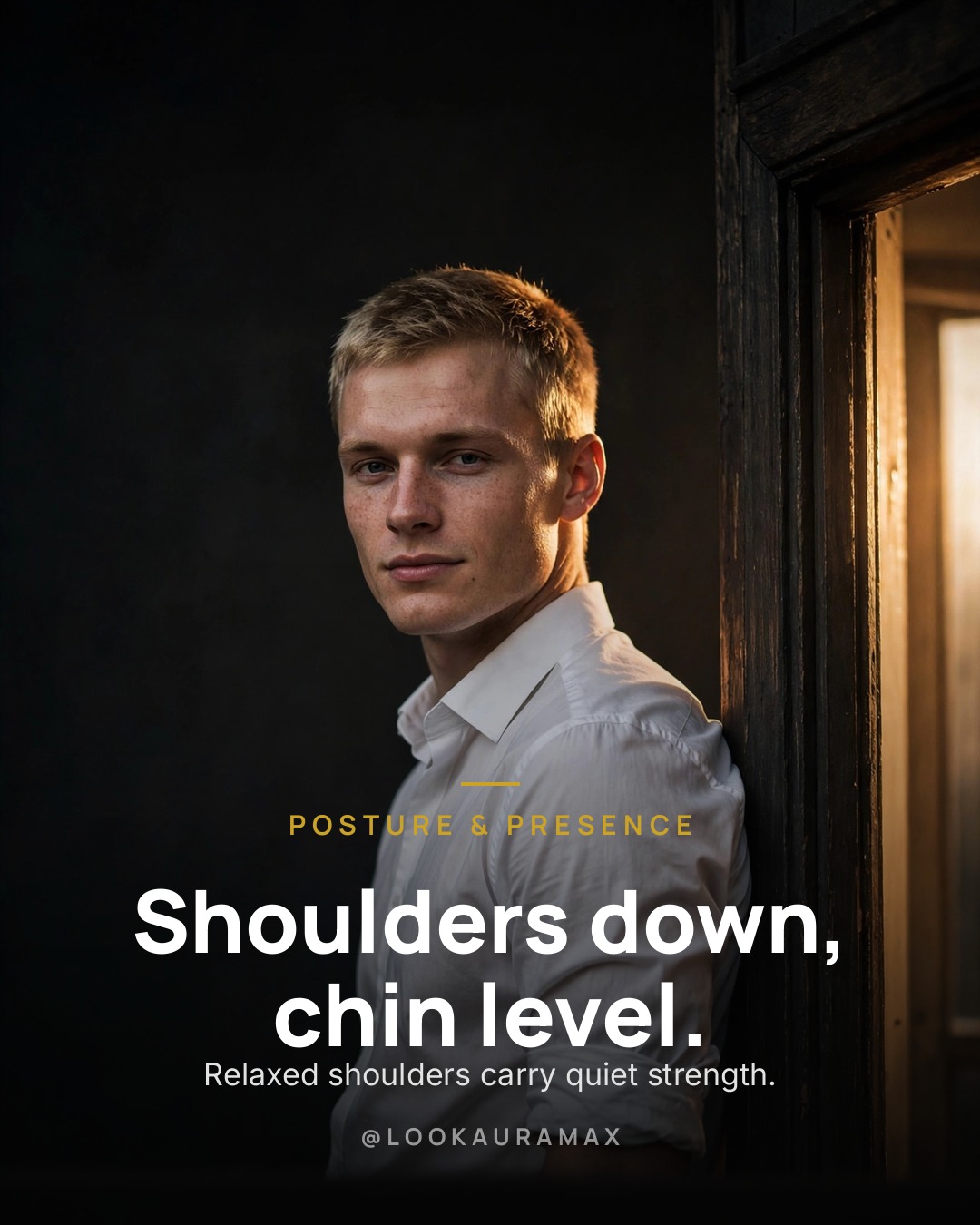 Lookauramax poster: Shoulders down, chin level. — Relaxed shoulders carry quiet strength — tension never looked good on anyone.